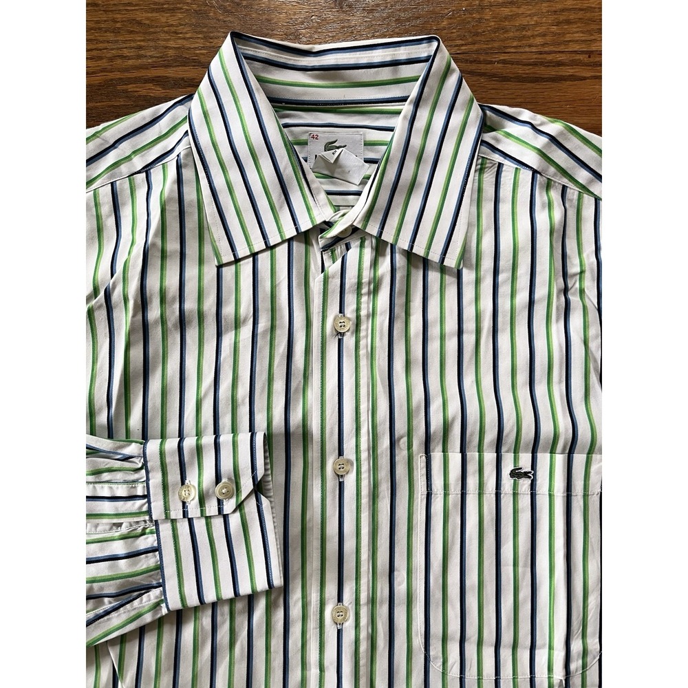 Lacoste green blue white striped button front shirt alligator 42 Mens L XL